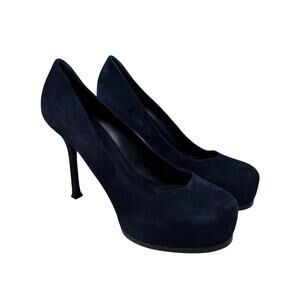 YSL Saint Laurent Tribute Pumps Womens 38.5 US 8.5 Navy Suede Platform Stiletto